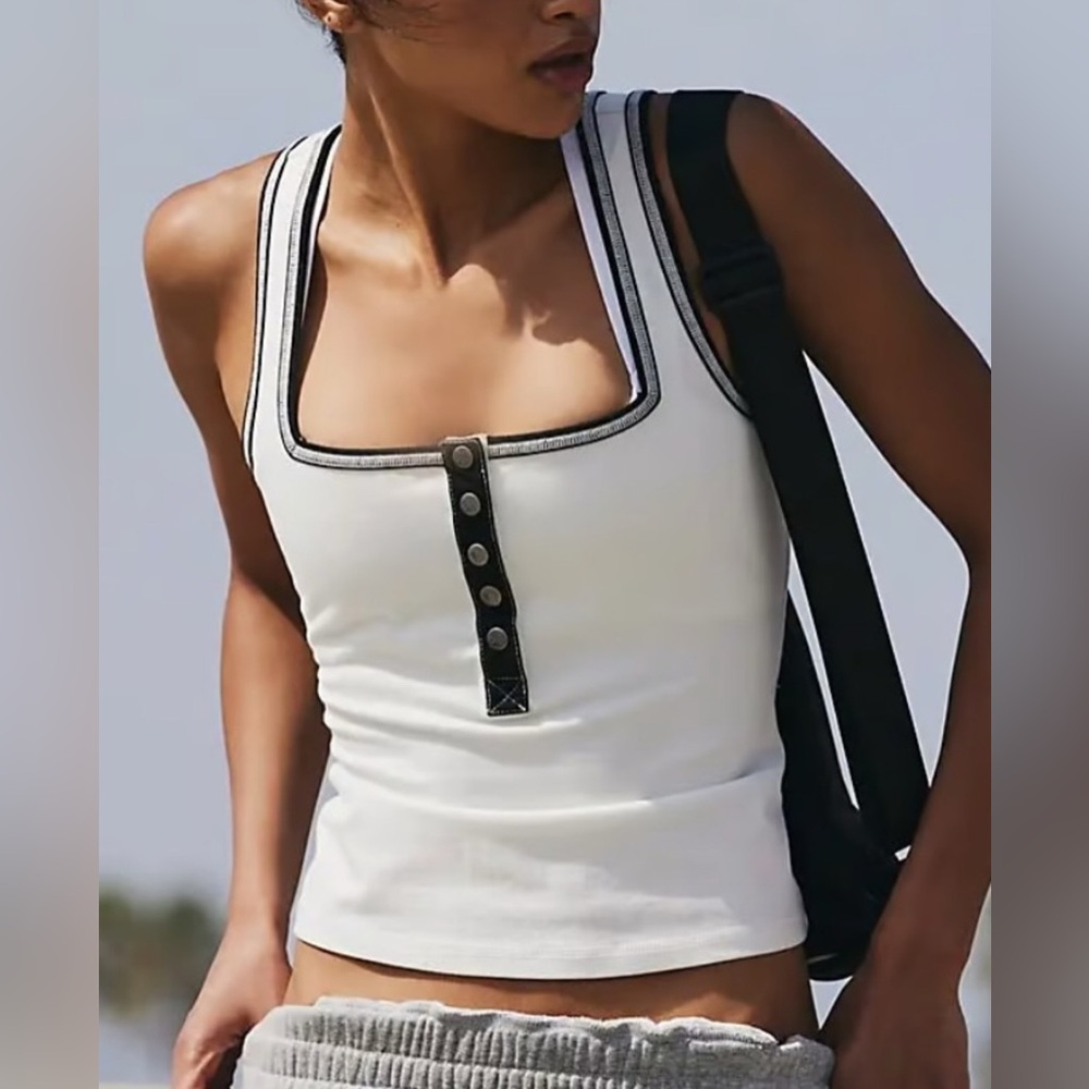 Free People White Tank Top with Black Trim